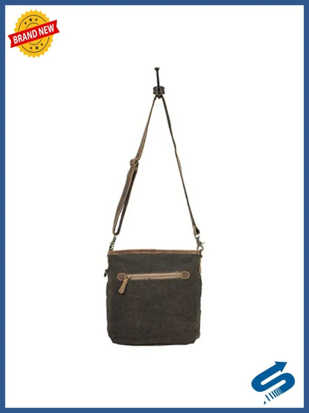 Canvas and Buffalo Leather Geometric Print Shoulder Crossbody Bag